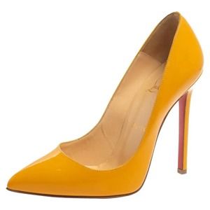 Christian Louboutin Patent Leather Pigalle Follies‎ Pumps Mustard Yellow Sz 37.5